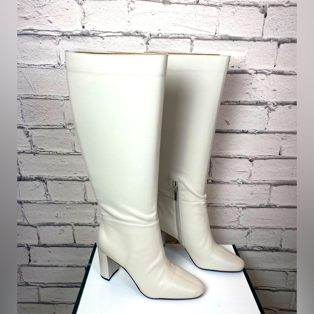 Karl Lagerfeld Ivory Knee-High Block Heel Boots